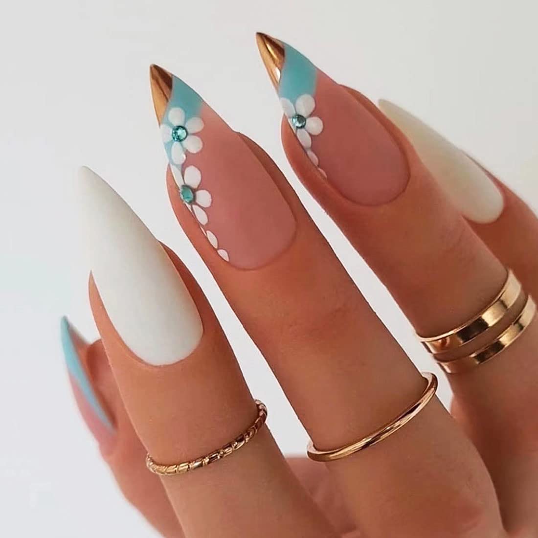 24 PCS Almond False Nails Flower Fake Nails Rhinestone False Nails Pink-White with Blue Fake Nails Full Cover Stick on Nails Art for Women and Girls Daily Decoration — image 1