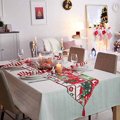 WizPower Christmas Table Runner, Cotton & Burlap Table Runner, Christmas Tree Elk Table Cloth for Christmas Table Decoration, Family Dinners or Gatherings, Indoor or Outdoor Parties