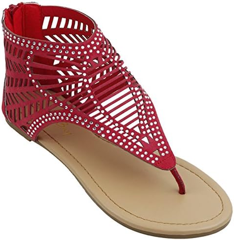 SBG Womens Gladiator Sandals Thong Flops T Strap Flip Flops Flats Back Zip Closure and Padded Insole Shoes (81012-Red, 8)