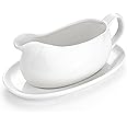 Gurygo 17oz Large White Ceramic Gravy Boat with Tray - Porcelain Gravy Boat with Large Pour and Fewer Drips - Ceramic Sauce Boat for Gravy, Salad Dressings, Microwave & Freezer Safe