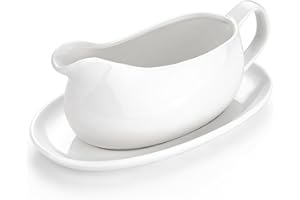 Gurygo 17oz Large White Ceramic Gravy Boat with Tray - Porcelain Gravy Boat with Large Pour and Fewer Drips - Ceramic Sauce Boat for Gravy, Salad Dressings, Microwave & Freezer Safe