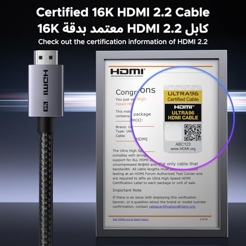 UGREEN HDMI 2.2 Cable 16K 96Gbps Braided Cord, Male to Male 2m, Supports 8K@240Hz 4K@480Hz eARC VRR QFT, Compatible with PS5 TV Monitor Aluminum Housing