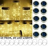 Upgraded Solar Mason Jar String Light Lids, 10 Pack 20 LED Fairy Firefly String Light Inserts with 10 Hangers Starry Lighting, Waterproof and Rust Resist for Patio Lawn Garden Wedding (Warm White)