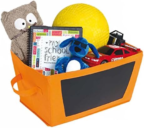 Organizational Storage Bin With Chalkboard Side - Bright and Fun Orange Foldable Cloth Fabric Tote - Craft Room, Decorations, Toy Storage, Children's Room, Classroom