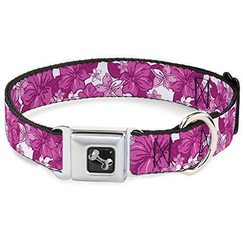 Dog Collar Seatbelt Buckle Hibiscus Collage White Pinks 15 to 26 Inches 1.0 Inc…