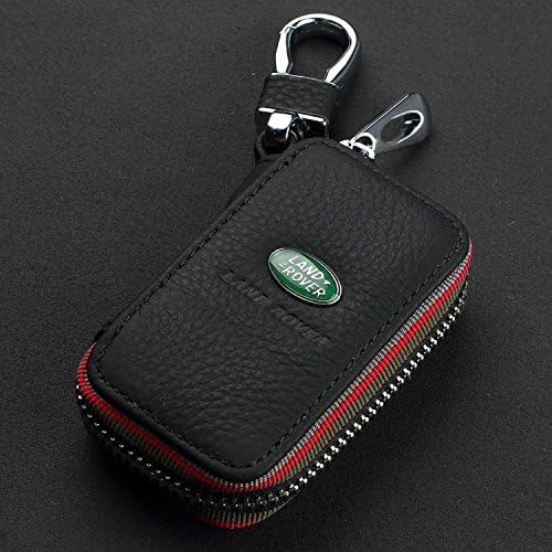 JSMAZ Car Logo Leather Car Key case Car Smart Key Chain Keychain Holder Metal Hook and Keyring Zipper Bag for Remote Key Fob (Land-Rover)