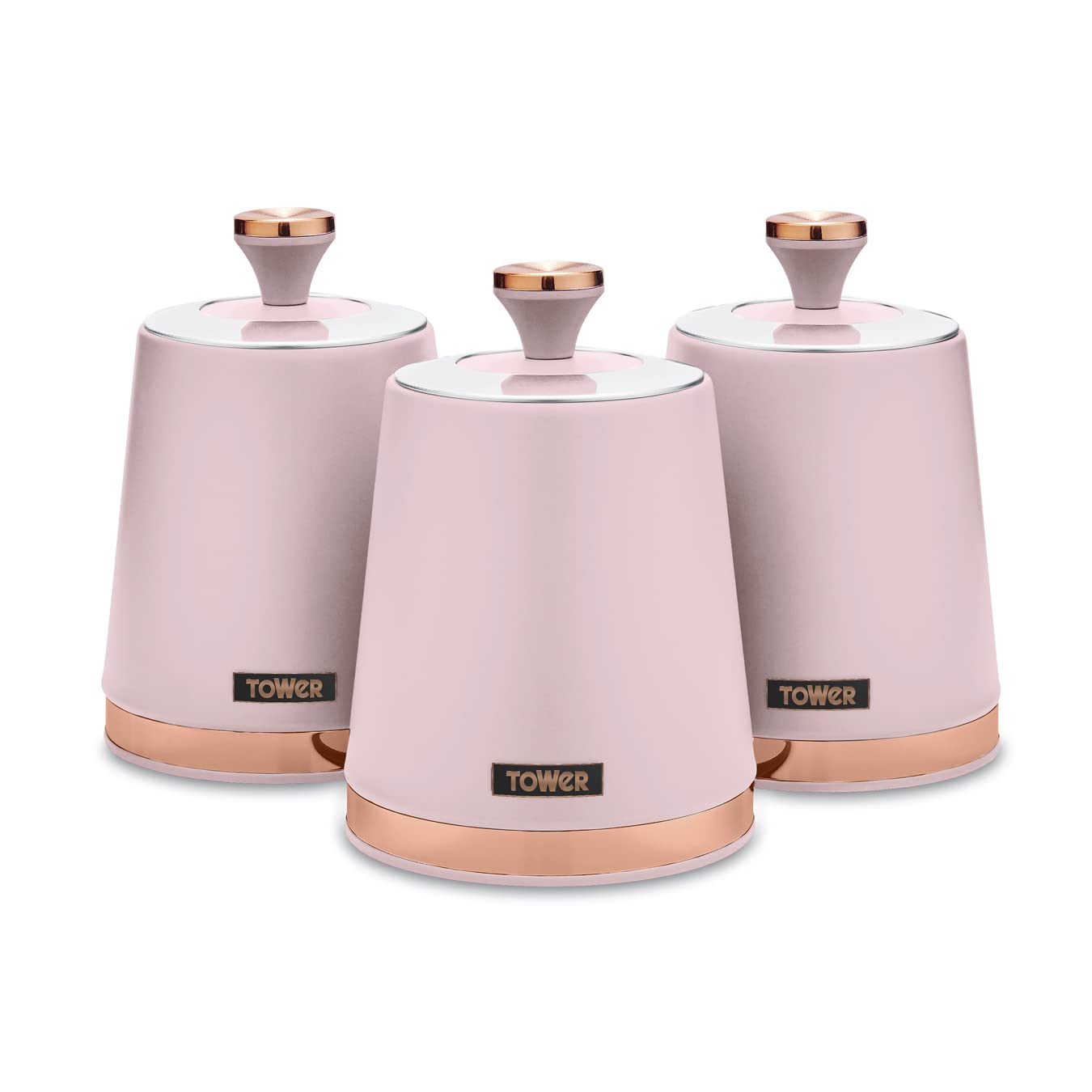 Tower T826131PNK Cavaletto Set of 3 Storage Canisters for Tea/Coffee/Sugar, Steel, Marshmallow Pink and Rose Gold, One Size