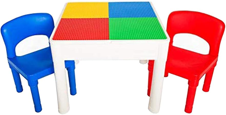 Amazon Playbuild キッズ 4イン1 プレイ ビルドテーブルセット 屋内アクティビティ 屋外水遊び おもちゃの収納 組み立てブロック 楽しい幼児用椅子2脚付き ブロック おもちゃ