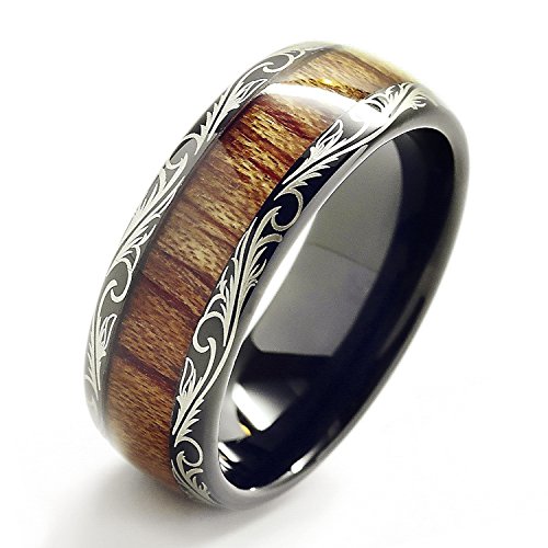 ATOP 8mm Comfort Fit Black Tungsten carbide Ring Koa Wood Inlay Dome Wedding Band Ring men's jewelry
