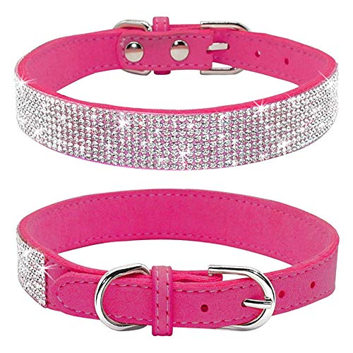 haoyueer Rhinestone Dog Collar, Cute Dazzling Sparkling Soft Suede Leather Dog Cat Rhinestone Collar Crystal Diamond Pet Dog Puppy Collar (M, Hot Pink)