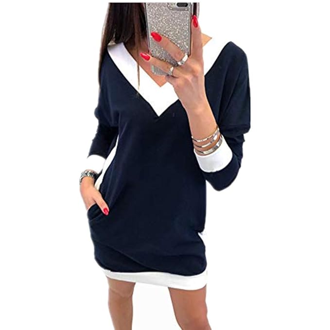 Mode Sweatshirt Kleid Damen, DoraMe Frauen V-ausschnitt Locker Bluse Mini Kleider Lässig T-shirt Lange Pullover