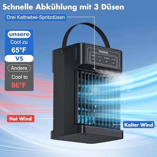 Mobile Air Conditioning, 4-in-1 Mobile Air Conditioning, Fan with Water Cooling, 1100 ml Water Tank, Air Conditioner with 3 Wind Speeds, 7 Colours, Light, 3 Spray Functions, 2-8H Timer for Bedroom