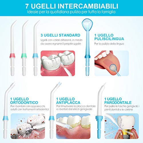Idropulsore Dentale Professionale iTeknic Irrigatore Dentale Elettrico Irrigatore Orale con 7 Beccucci Intercambiabili, 10 Impostazioni di Velocità e Serbatoio da 600ml per Pulizia Dentale Igiene Dentale