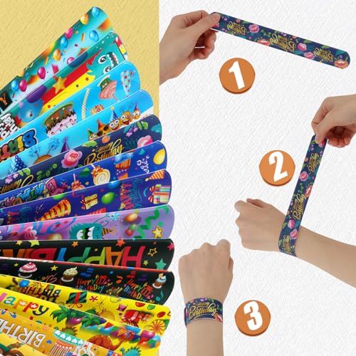 Shindel 96PCS Slap Bracelets for Kids, Kids Slap Wristbands Birthday Theme Snap Bracelets for Birthday Party Favors Classroom Prizes Kids Birthday