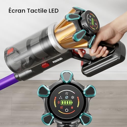 Aspirateur Balai sans Fil 55KPa 650W, 1,8L Aspirateur sans Fil Puissant 70 Min, Autoportant, Écran LED, Brosse Anti-Enchevêtrement, Pastille Parfumée, Poils d’Animaux Sols Durs Tapis Voiture