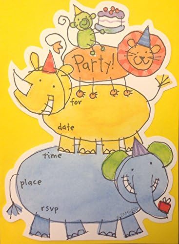 (8) Kids Zoo Animals Fill-In Party Invitations - Diecut Cards - Yellow Envelopes- 6 3/8 x 4 5/8 inches