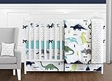 Sweet Jojo Designs 9-Piece Navy Blue and Green Modern Dinosaur Baby Boys or Girls Crib Bedding Set with Bumper