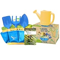 Kids Garden Tools Set with STEM Learning Guide, Tote Bag, Spade, Watering Can, Rake, Fork, Trowel. Learning Toys. Outside Toys by ROCA Toys