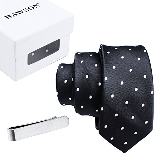 Mens Shinny Ties Polka Dots Polyester Necktie with Tie Bar Clip - Gift Box Package