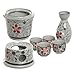 MyGift 7-Piece Ceramic Sake Warmer Hot Saki Set with Red Flower Design Includes Tokkuri Bottle Carafe, Ochoko Cups and Small Warmer Stove, Japanese Style Sake Wine Server Set