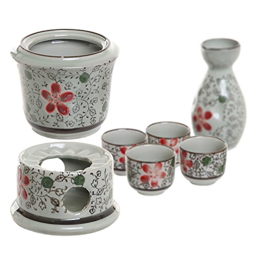 Exquisite Ceramic Red Flowers Japanese Sake Set w/ 4 Shot Glass/Cups