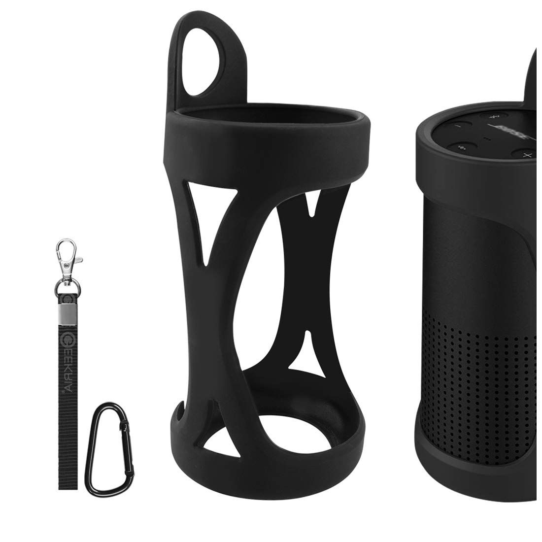 Geekria Silicone Speaker Case Cover Compatible with Bose SoundLink Revolve, Protective Waterproof Soft Skin, Replacement Portable Speakers Travel Carrying Case with Keychain Hook (Black)
