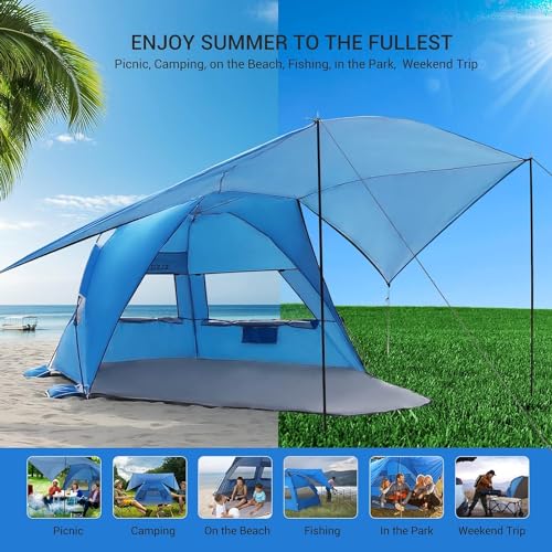 Elegear Tienda para Playa con UPF 50+ Refugio Solar de Playa Ligero, Instantáneo Portátil Carpa para Playa Camping, Tienda Sombra con Cremallera Extendida para Camping de Playa, Azul
