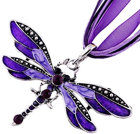 MFINHOME Fashion Rhinestone Inlay Gem Tone Purple Dragonfly Pendant Necklace With Chain