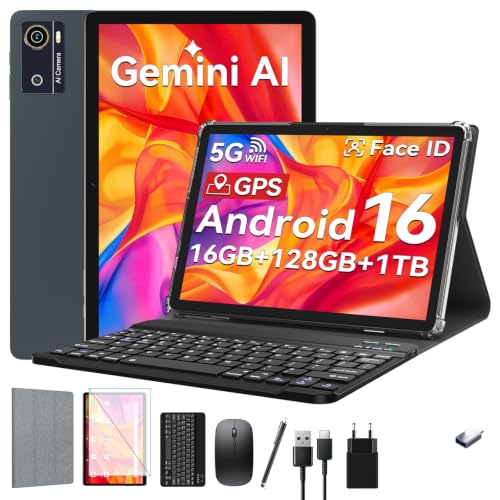 KADYBE Tablet 10.1 Inch Android 16 with 16GB RAM + 128GB ROM, Face Unlock, Tablet PC with Keyboard, Mouse & Stylus, 6000mAh Battery, WiFi 5, Bluetooth 5.0, GPS, HD Display - Business for Home
