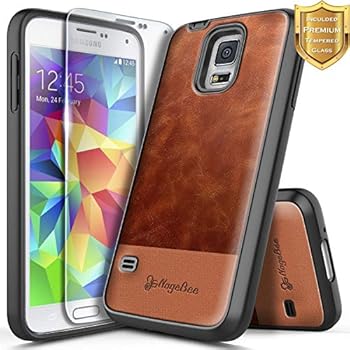 Galaxy S5 Case w/[Tempered Glass Screen Protector], NageBee Premium [Cowhide Leather] Heavy Duty Armor Shockproof Dual Layer Hybrid Rugged Durable Case Designed for Samsung Galaxy S5 -Brown