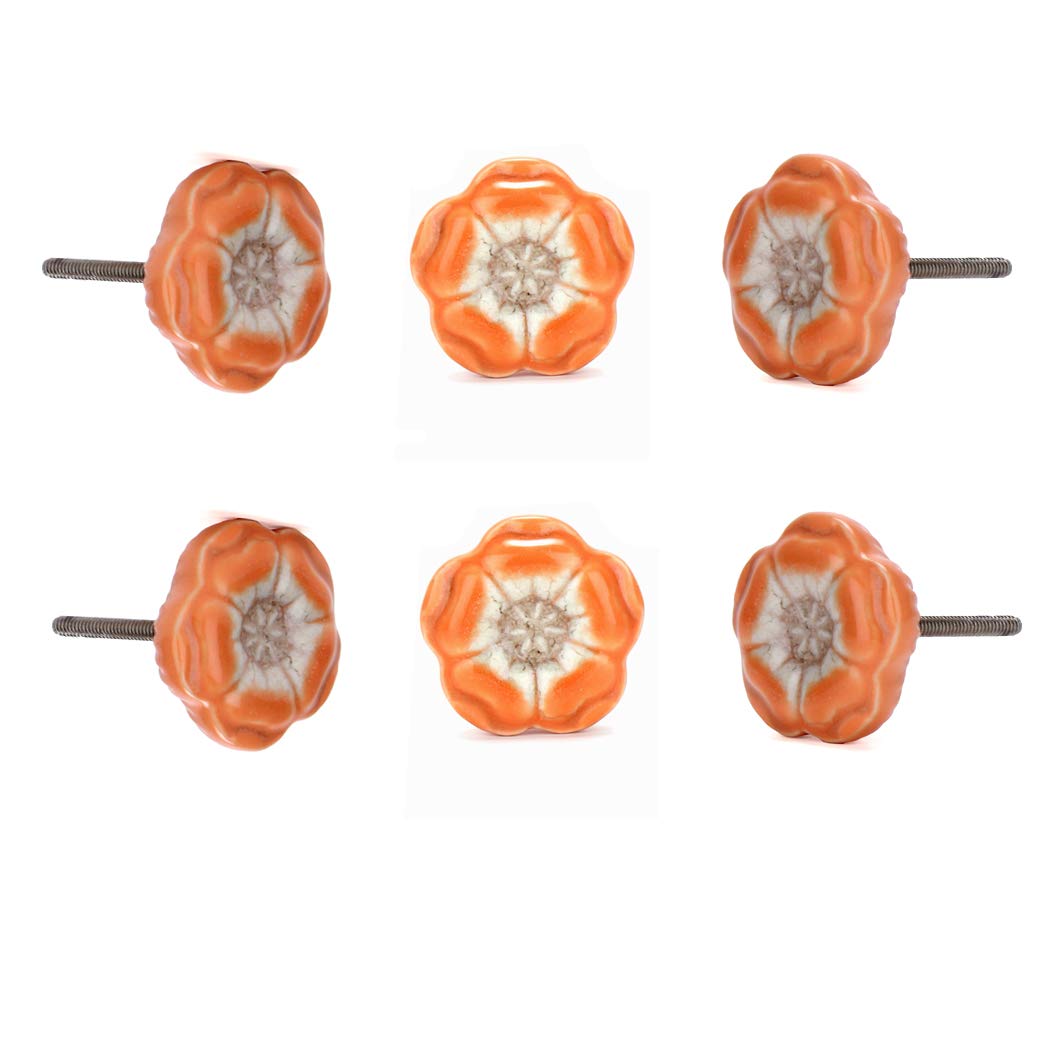 Perilla Home Set of 6 Azalea Orange Ceramic Knob Small Knobs Kitchen Cabinet Cupboard Glass Door Dressser Wardrobe and Drawers Pull Knob