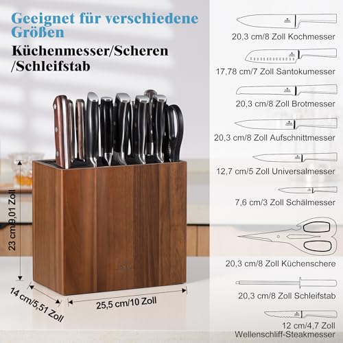 ENOKING Knife Block without Knife Made of Acacia Wood, Universal Knife Block with Plastic Lid, High-Quality Knife Holder for Knives and Poultry Shears/Sharpening Steel