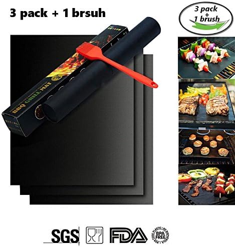 Grill Mat Non-stick BBQ Grill &amp; Baking Mats with a Silicone Brush (Random Color ) - FDA-Approved, PFOA Free,Works on Gas, Charcoal, Electric Grill, - 13 X 15.75 Inches (3 pack with a brush)
