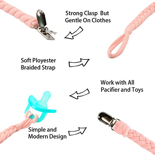 Hombae Pacifier Clips for Boys and Girls, Baby Universal Pacifier Holder for All Styles Pacifiers, Teething Toys or Soothie By Hand-Made Braided (4 Pack)