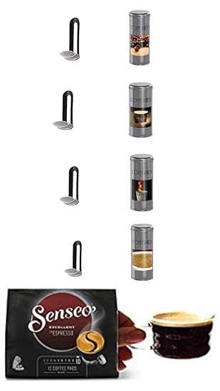 Senseo Typ Espresso + 4 passende Paddosen mit Kaffeemotiven + 4 Padlifter + 2 Espressotassen mit Henkel 100ml