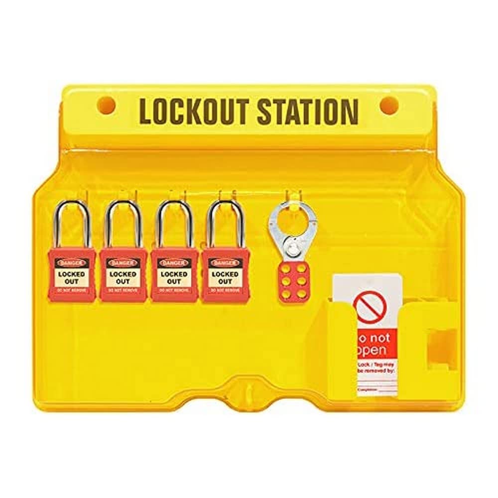 Spectrum IndustrialLockout Tagout Station With 4 Padlocks-1 Hasp-10 Tags, Supplied With Lockable Cover, Yellow, H406 x W315 x D65mm