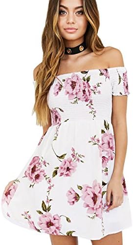Unionfashionli Women’s Off Shoulder Short Sleeve Loose Floral Printed Summer Beach Casual Dress XL