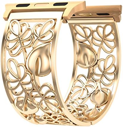 Compatible with iWatch Band 38mm Women, Dressy Hollow Out Floral Bangle Bracelet Sport Strap Replacement Compatible with Apple Watch Series 3, 2, 1, Nike+ Sport, Hinged Cuff, Feminine Wristband, Gold