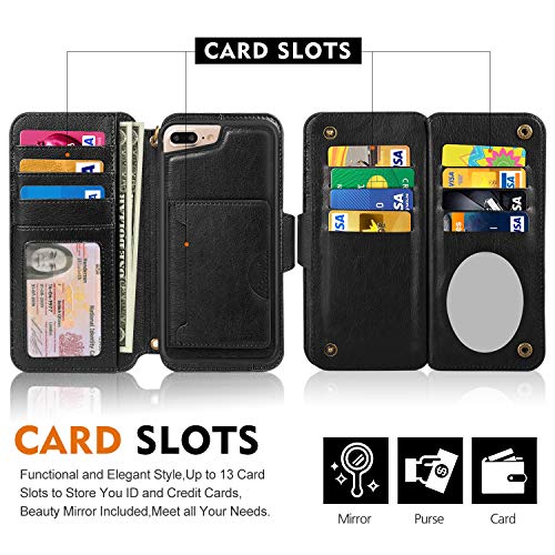 Cornmi Wallet Case Compatible for iPhone 8 Plus,iPhone 6/7 Plus Cover,Detachable Leather Cover 13 Card Slots,Wristlet,Shoulder Strap Handbag Purse Flip Cover Stand Slim Lightweight Mirror case