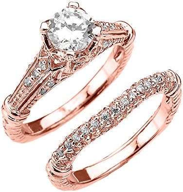 Fine 14k Rose Gold 2 Carat Total Art Deco Engagement Wedding Ring Set