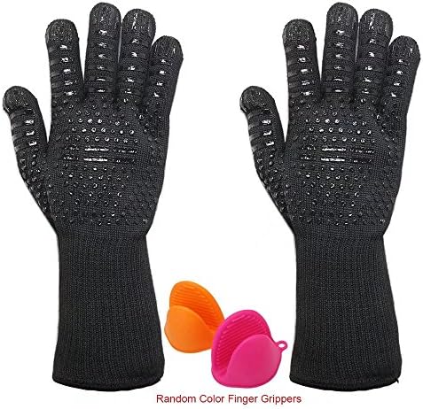 BBQ Gloves with 2 Silicone Finger Grippers, Toudorp 932℉ Extreme Heat Resistant Grill and Oven Mitts for Cooking Barbecue Baking Grilling (Black Silicone Spot)