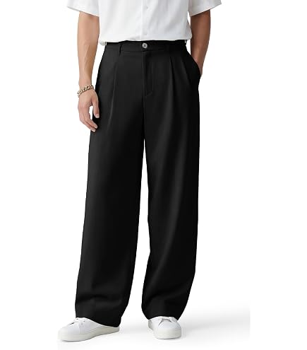 PLEPAN Men's Casual Pants Baggy Pleated Striped Trousers Black