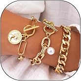 GIGB PBDK Chunky Gold Bracelets for Women Boho Stackable Pearl Coin Bracelet Stack Snake Cuban Paperclip Chain Bracelets Trendy Everyday Jewelry Accessories