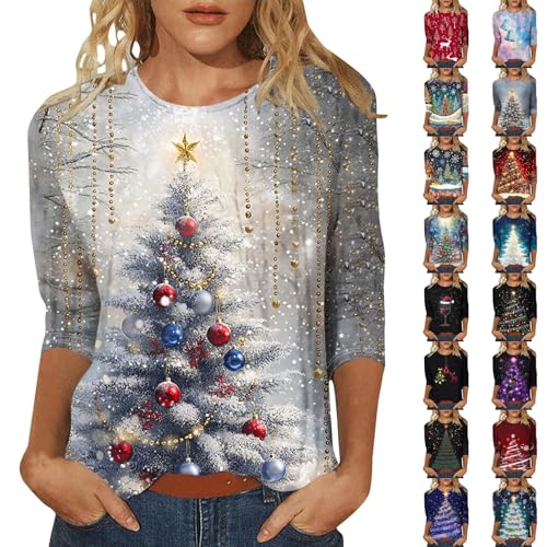 tacniseyw Christmas Sweatshirt For Women Funny Xmas Tree Print Jumpers Ladies 3/4 Sleeve Crew Neck Shirts Plus Size Christmas Tree Graphic Print Jumper Ugly Novelty Sweatshirt Tee Shirt Tops