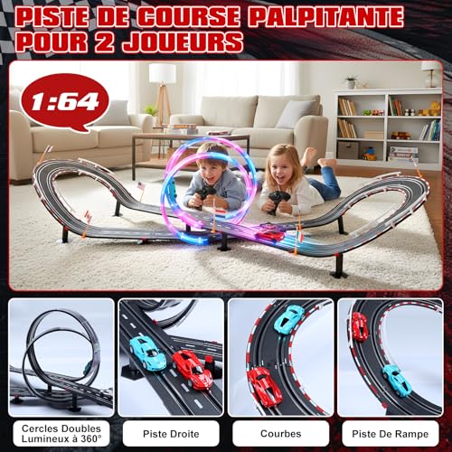 colmanda Circuit Voiture Electrique, Lumineuse Circuit Voiture Enfant 1:64 Piste De Course - 4 LED Voitures, 360° Cercle, Prise, Compteur de Tours, Piste Voiture Enfant 6-12 Ans Jouets Cadeau (L)