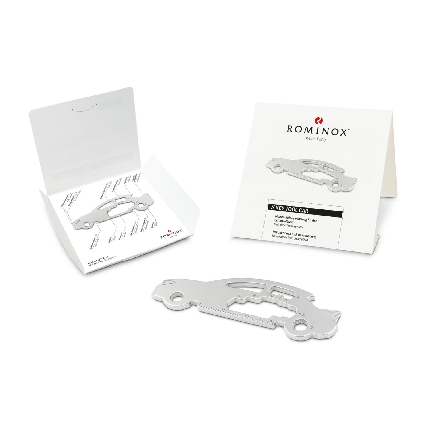 Gift Item: ROMINOX Key Tool // car/car, 18 Functions, Key Ring, Bottle Opener, Stainless Steel Multi-Function Tool + Functional Description, Multi-Function Tool,