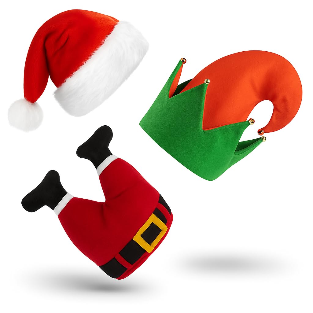 ZANGOC Novelty Christmas Pack of 3 Exclusive Hats -Elf, Santa Legs & Santa Hat | Festive Holiday Costume Accessories for Adults & Kids | Xmas Party Fancy Dress Set