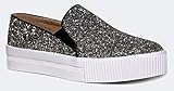 Women's Platform Slip On Flat Sneaker - Elastic Pull on Low Casual Fashion Vegan Leather glitter Shoe