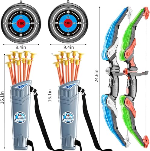 2 Pack Set Bow and Arrow Archery Toy for Kids, LED Light Up with 20 Suction Cup Arrows Target & Quiver, Outdoor Toys - Improve Fine Motor Skills, Hand-eye Coordination and Collaboration Abilities