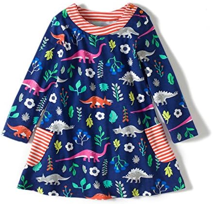 FreeLu Girls Cotton Longsleeve Dress Cute Cartoon Dresses(9# Dinosaur,5-6Yrs)